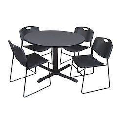 48 in. Round X-Base Breakroom Table- Grey & 4 Zeng Stack Chairs- Black