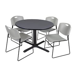 48 in. Round X-Base Breakroom Table- Grey & 4 Zeng Stack Chairs- Grey