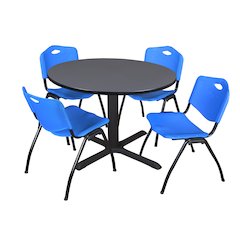 48 in. Round X-Base Breakroom Table- Grey & 4 M Stack Chairs- Blue