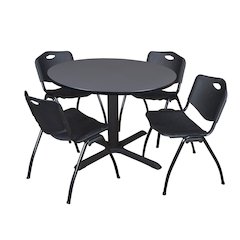 48 in. Round X-Base Breakroom Table- Grey & 4 M Stack Chairs- Black