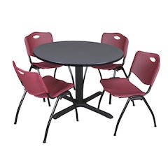48 in. Round X-Base Breakroom Table- Grey & 4 M Stack Chairs- Burgundy