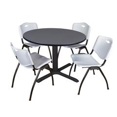 Cain 48" Round Breakroom Table- Grey & 4 'M' Stack Chairs- Grey