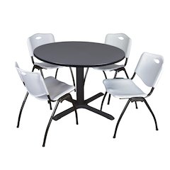 48 in. Round X-Base Breakroom Table- Grey & 4 M Stack Chairs- Grey