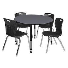 48 Round Adjustable Classroom Table- Grey & 4 Andy 18 Stack Chairs- Black