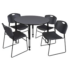 48 in. Round Adjustable Classroom Table- Grey & 4 Zeng Stack Chairs- Black