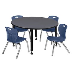48 in. Round Adjustable Classroom Table- Grey & 4 Andy 12 in. Stack Chairs- Blue