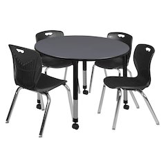 48 Round Adjustable Classroom Table- Grey & 4 Andy 18 Stack Chairs- Black