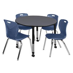 48 in. Round Adjustable Classroom Table- Grey & 4 Andy 18 in. Stack Chairs- Blue