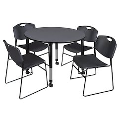48 Round Mobile Adjustable Classroom Table- Grey & 4 Zeng Stack Chairs- Black