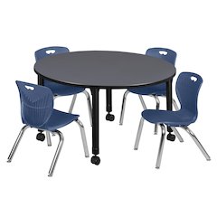 48 in. Round Adjustable Classroom Table- Grey & 4 Andy 12 in. Stack Chairs- Blue