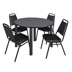48 in Round Breakroom Table- Grey Top, Black Legs, 4 Restaurant Stack Chairs