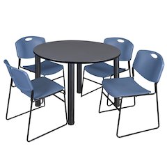 48 in Round Breakroom Table- Grey Top, Black Legs, 4 Zeng Stack Chairs- Blue
