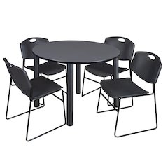 48 in Round Breakroom Table- Grey Top, Black Legs, 4 Zeng Stack Chairs- Black
