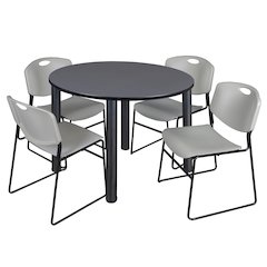 48 in Round Breakroom Table- Grey Top, Black Legs, 4 Zeng Stack Chairs- Grey