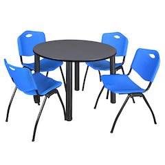 48 in Round Breakroom Table- Grey Top, Black Legs, 4 M Stack Chairs- Blue