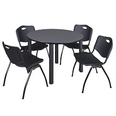 48 in Round Breakroom Table- Grey Top, Black Legs, 4 M Stack Chairs- Black