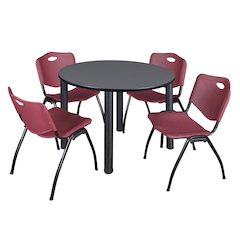 48 in Round Breakroom Table- Grey Top, Black Legs, 4 M Stack Chairs- Burgundy