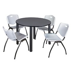48 in Round Breakroom Table- Grey Top, Black Legs, 4 M Stack Chairs- Grey