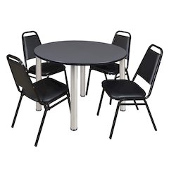 48 in Round Breakroom Table- Grey Top, Chrome Legs, 4 Restaurant Stack Chairs