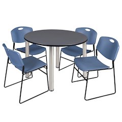 48 in Round Breakroom Table- Grey Top, Chrome Legs, 4 Zeng Stack Chairs- Blue