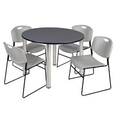 48 in Round Breakroom Table- Grey Top, Chrome Legs, 4 Zeng Stack Chairs- Grey