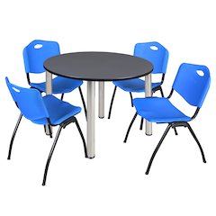 48 in Round Breakroom Table- Grey Top, Chrome Legs, 4 M Stack Chairs- Blue