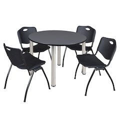 48 in Round Breakroom Table- Grey Top, Chrome Legs, 4 M Stack Chairs- Black