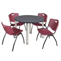 48 in Round Breakroom Table- Grey Top, Chrome Legs, 4 M Stack Chairs- Burgundy