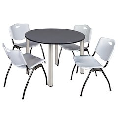 48 in Round Breakroom Table- Grey Top, Chrome Legs, 4 M Stack Chairs- Grey