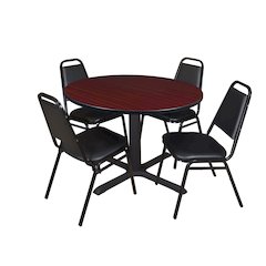 48 in. Round X-Base Breakroom Table- Mahogany & 4 Restaurant Stack Chairs- Black