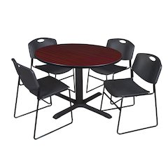 48 in. Round X-Base Breakroom Table- Mahogany & 4 Zeng Stack Chairs- Black