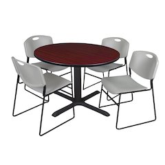 48 in. Round X-Base Breakroom Table- Mahogany & 4 Zeng Stack Chairs- Grey