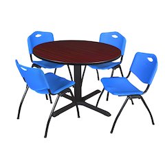 48 in. Round X-Base Breakroom Table- Mahogany & 4 M Stack Chairs- Blue
