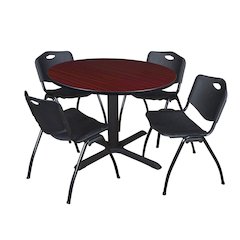 48 in. Round X-Base Breakroom Table- Mahogany & 4 M Stack Chairs- Black