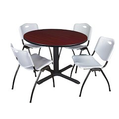 48 in. Round X-Base Breakroom Table- Mahogany & 4 M Stack Chairs- Grey