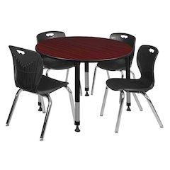 48 Round Adjustable Classroom Table- Mahogany & 4 Andy 18 Stack Chairs- Black