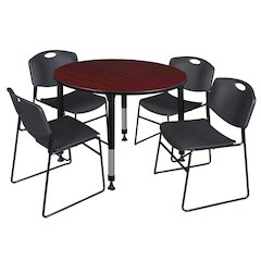 48 in. Round Adjustable Classroom Table- Mahogany & 4 Zeng Stack Chairs- Black