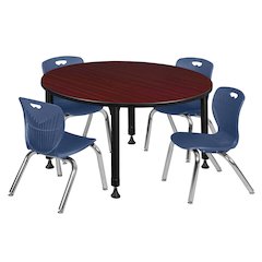 48 Round Adjustable Classroom Table- Mahogany & 4 Andy 12 Stack Chairs- Blue