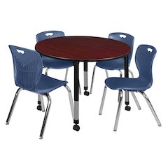 48 Round Adjustable Classroom Table- Mahogany & 4 Andy 18 Stack Chairs- Blue
