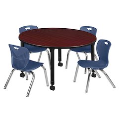 48 Round Adjustable Classroom Table- Mahogany & 4 Andy 12 Stack Chairs- Blue