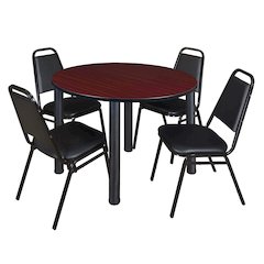 48 in Round Breakroom Table- Mahogany Top, Black Legs, 4 Restaurant Stack Chairs