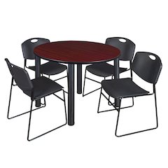 48 Round Breakroom Table- Mahogany Top, Black Legs, 4 Zeng Stack Chairs- Black