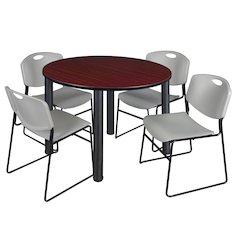 48 in Round Breakroom Table- Mahogany Top, Black Legs, 4 Zeng Stack Chairs- Grey