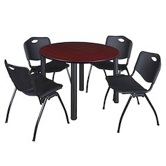 48 in Round Breakroom Table- Mahogany Top, Black Legs, 4 M Stack Chairs- Black