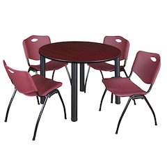 48 Round Breakroom Table- Mahogany Top, Black Legs, 4 M Stack Chairs- Burgundy