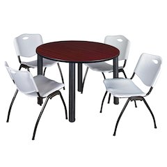 48 in Round Breakroom Table- Mahogany Top, Black Legs, 4 M Stack Chairs- Grey