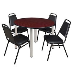 48 Round Breakroom Table- Mahogany Top, Chrome Legs, 4 Restaurant Stack Chairs