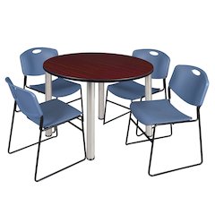 48 Round Breakroom Table- Mahogany Top, Chrome Legs, 4 Zeng Stack Chairs- Blue