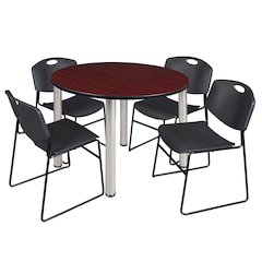 48 Round Breakroom Table- Mahogany Top, Chrome Legs, 4 Zeng Stack Chairs- Black