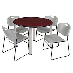 48 Round Breakroom Table- Mahogany Top, Chrome Legs, 4 Zeng Stack Chairs- Grey
